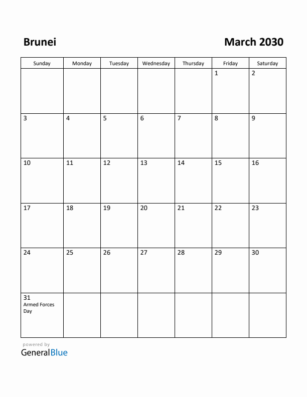March 2030 Calendar with Brunei Holidays