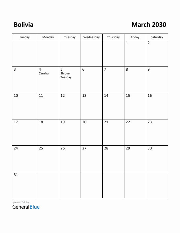 March 2030 Calendar with Bolivia Holidays