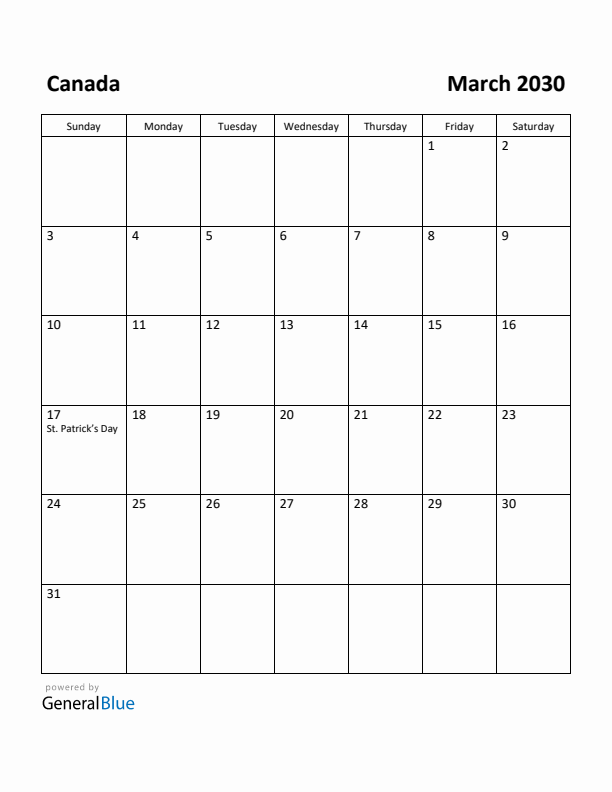 March 2030 Calendar with Canada Holidays