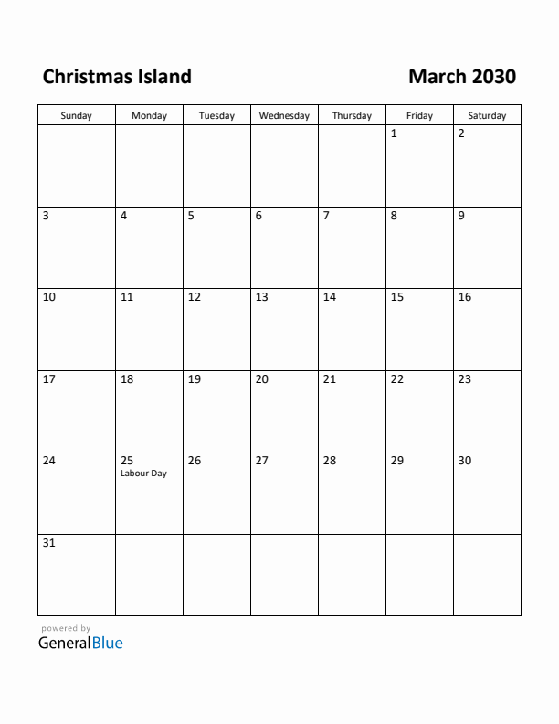 March 2030 Calendar with Christmas Island Holidays