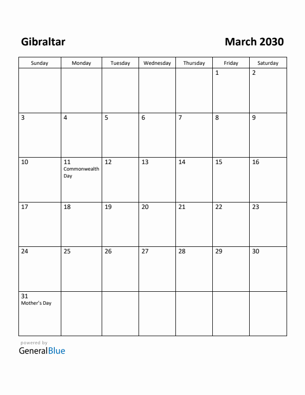 March 2030 Calendar with Gibraltar Holidays