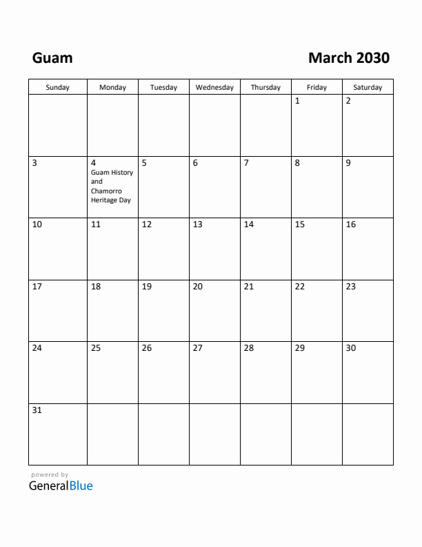 March 2030 Calendar with Guam Holidays