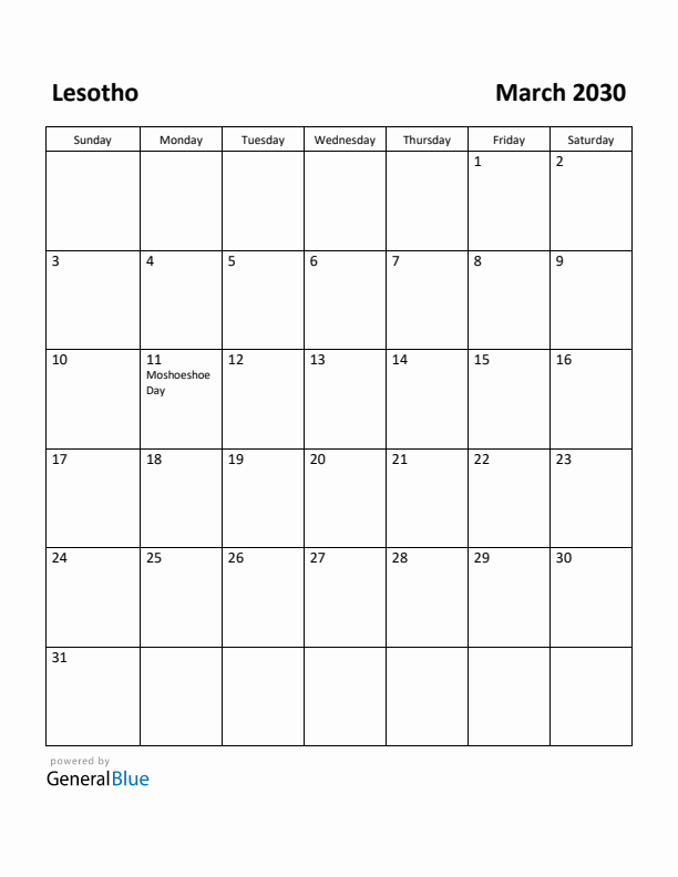 March 2030 Calendar with Lesotho Holidays