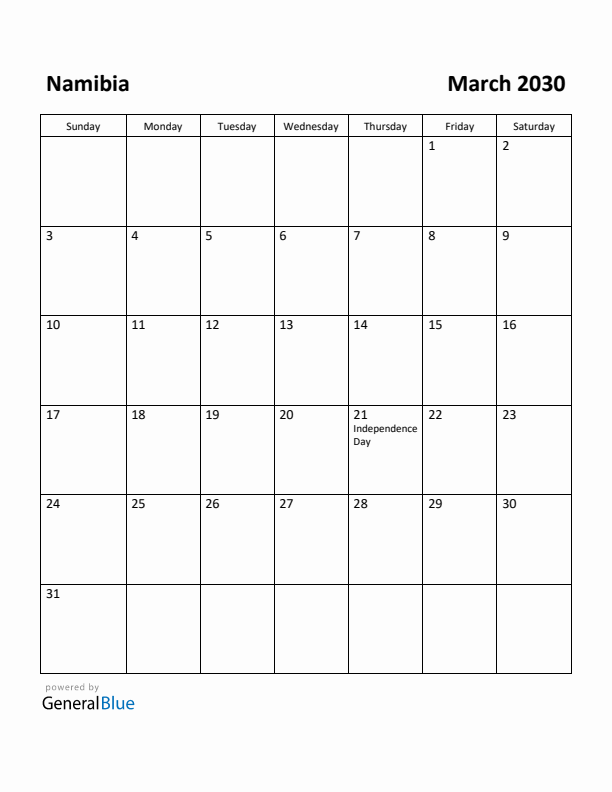 March 2030 Calendar with Namibia Holidays