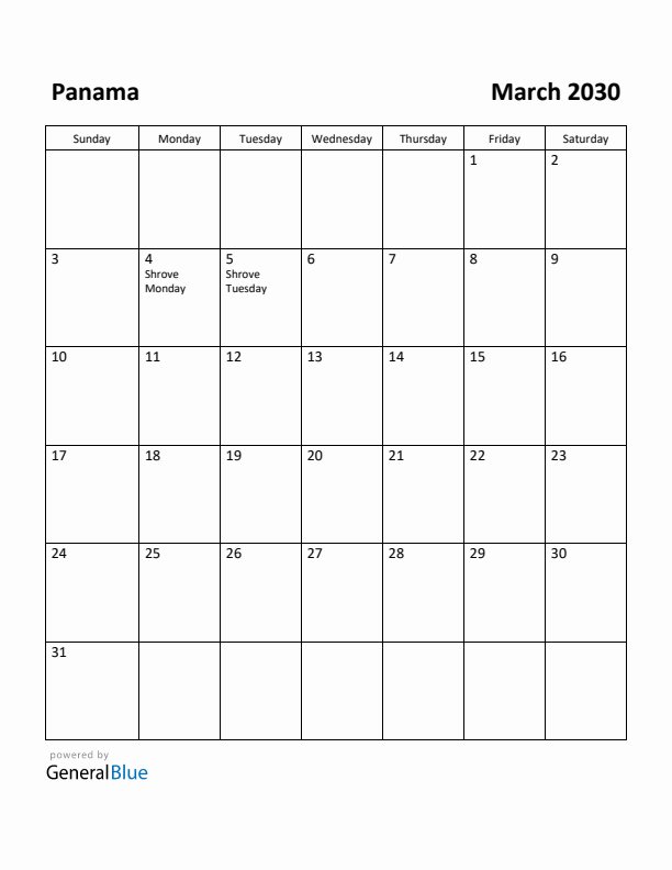 March 2030 Calendar with Panama Holidays