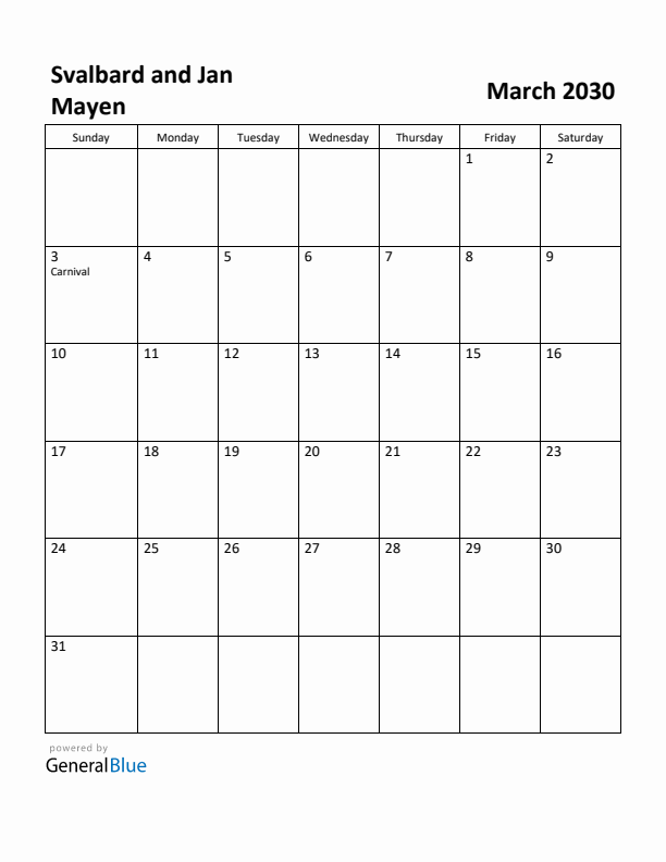 March 2030 Calendar with Svalbard and Jan Mayen Holidays