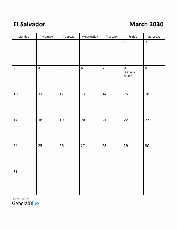 March 2030 Calendar with El Salvador Holidays