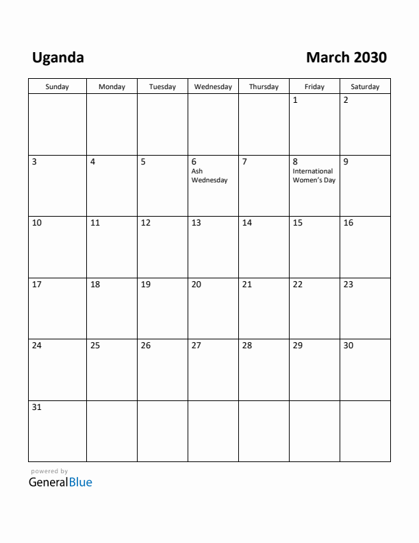March 2030 Calendar with Uganda Holidays
