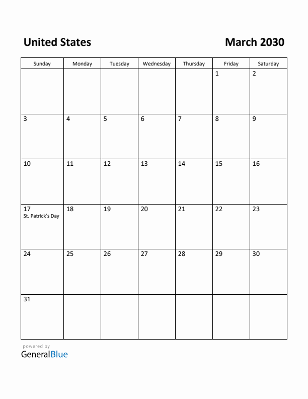 March 2030 Calendar with United States Holidays