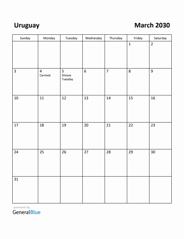 March 2030 Calendar with Uruguay Holidays