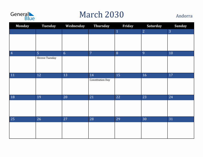 March 2030 Andorra Calendar (Monday Start)
