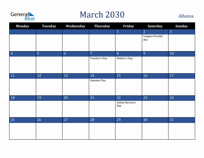 March 2030 Albania Calendar (Monday Start)