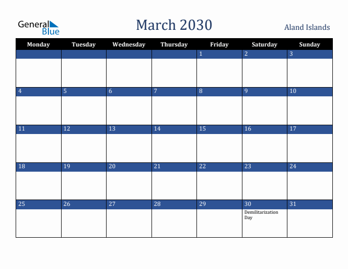 March 2030 Aland Islands Calendar (Monday Start)