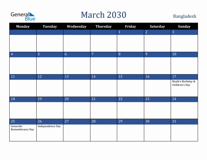 March 2030 Bangladesh Calendar (Monday Start)