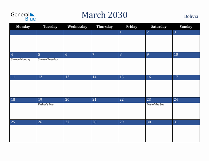 March 2030 Bolivia Calendar (Monday Start)