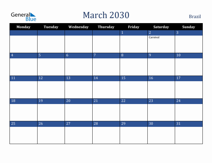 March 2030 Brazil Calendar (Monday Start)