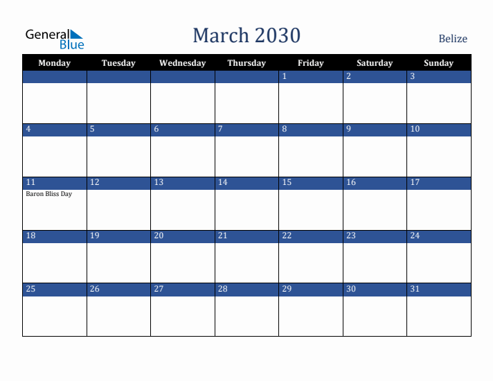 March 2030 Belize Calendar (Monday Start)