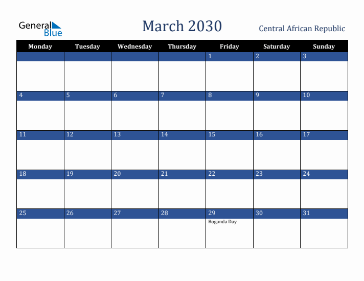 March 2030 Central African Republic Calendar (Monday Start)
