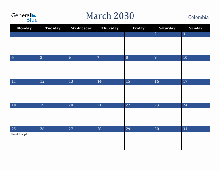 March 2030 Colombia Calendar (Monday Start)