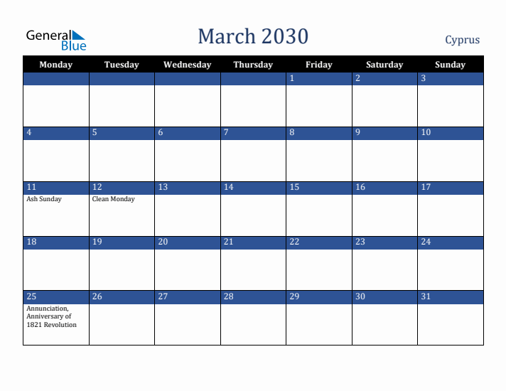 March 2030 Cyprus Calendar (Monday Start)