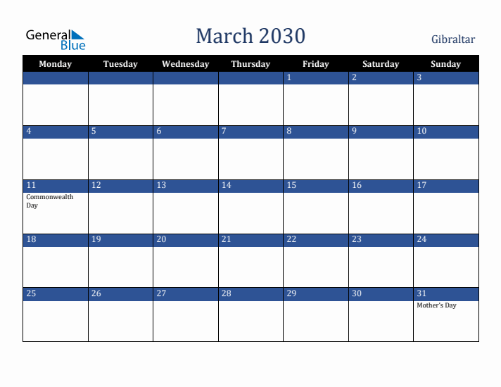 March 2030 Gibraltar Calendar (Monday Start)