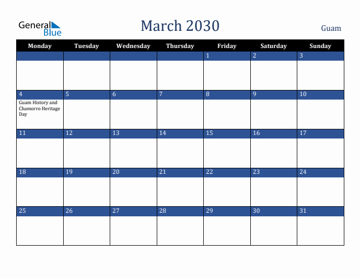 March 2030 Guam Calendar (Monday Start)