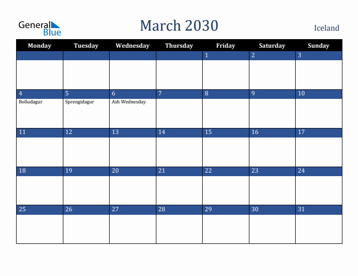 March 2030 Iceland Calendar (Monday Start)