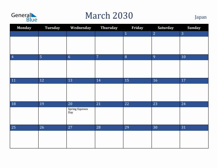 March 2030 Japan Calendar (Monday Start)