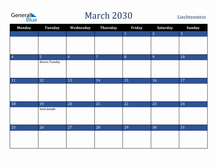 March 2030 Liechtenstein Calendar (Monday Start)