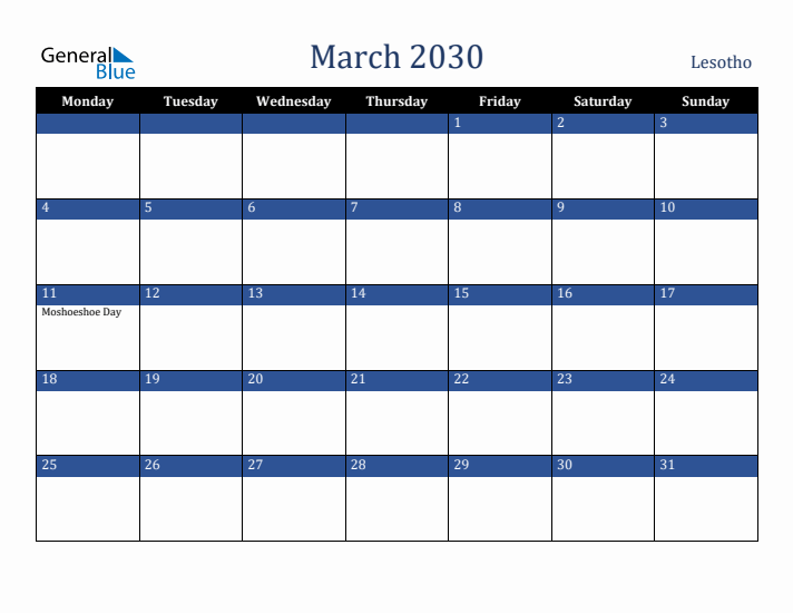 March 2030 Lesotho Calendar (Monday Start)
