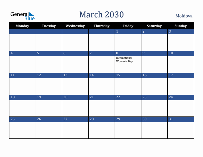 March 2030 Moldova Calendar (Monday Start)