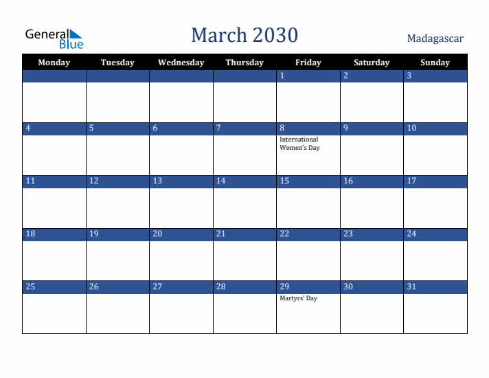 March 2030 Madagascar Calendar (Monday Start)