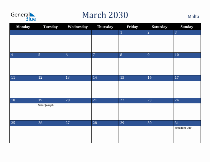 March 2030 Malta Calendar (Monday Start)