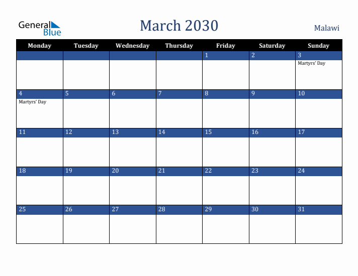 March 2030 Malawi Calendar (Monday Start)