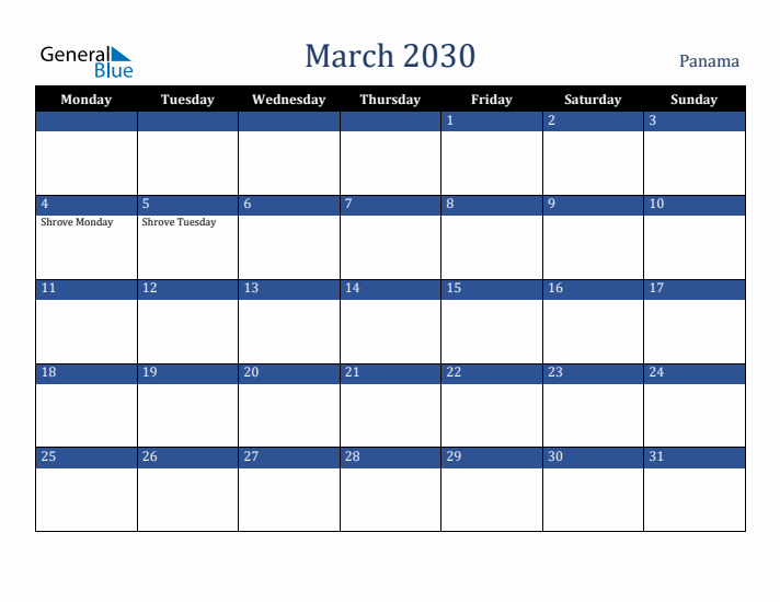 March 2030 Panama Calendar (Monday Start)