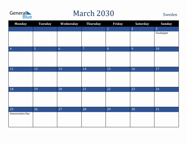 March 2030 Sweden Calendar (Monday Start)