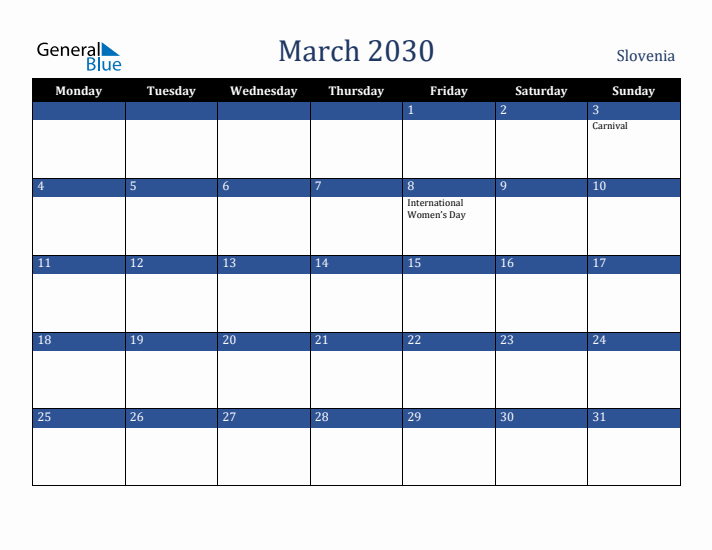 March 2030 Slovenia Calendar (Monday Start)