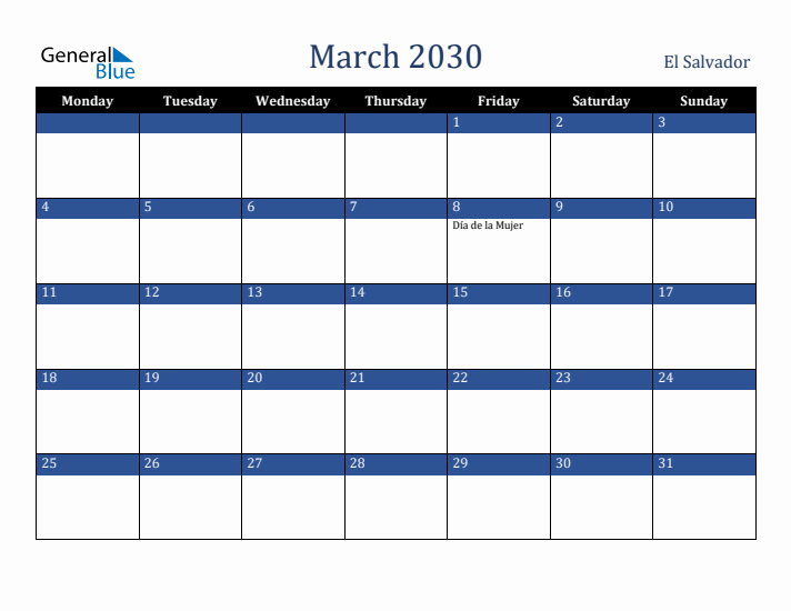 March 2030 El Salvador Calendar (Monday Start)