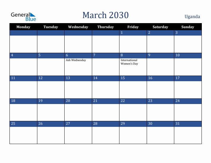 March 2030 Uganda Calendar (Monday Start)