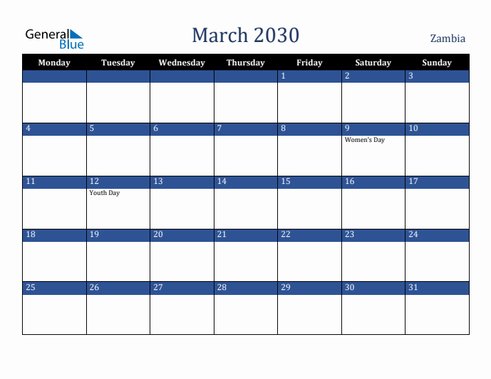 March 2030 Zambia Calendar (Monday Start)
