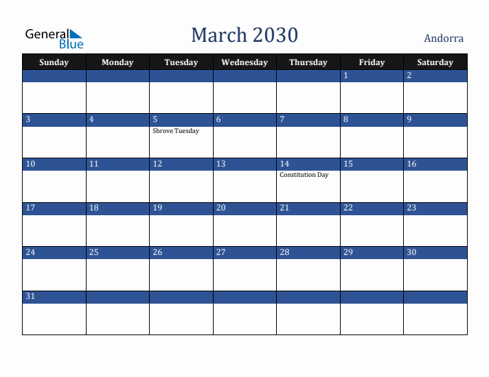 March 2030 Andorra Calendar (Sunday Start)