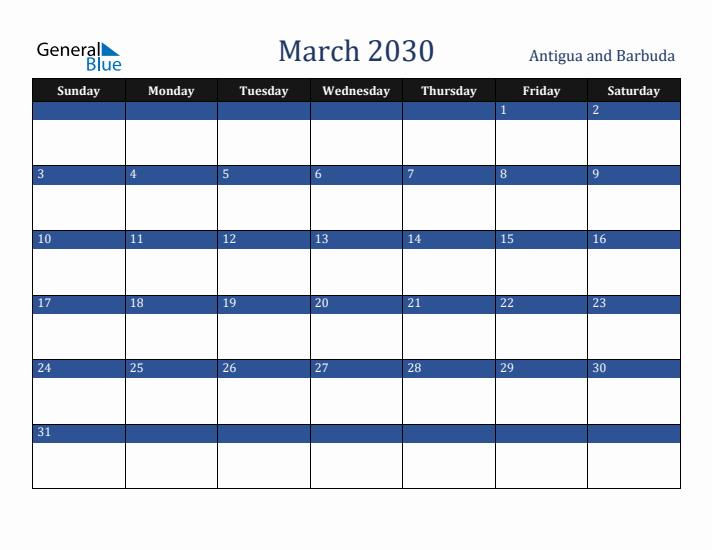 March 2030 Antigua and Barbuda Calendar (Sunday Start)