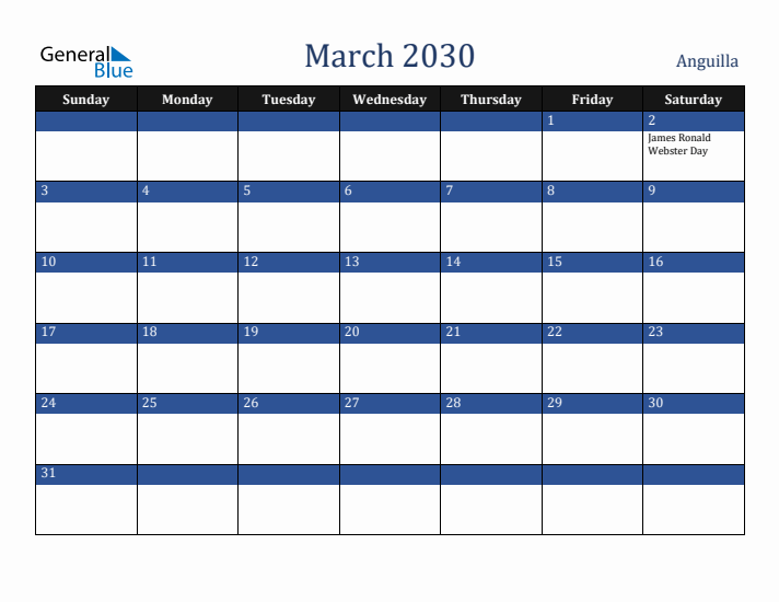 March 2030 Anguilla Calendar (Sunday Start)