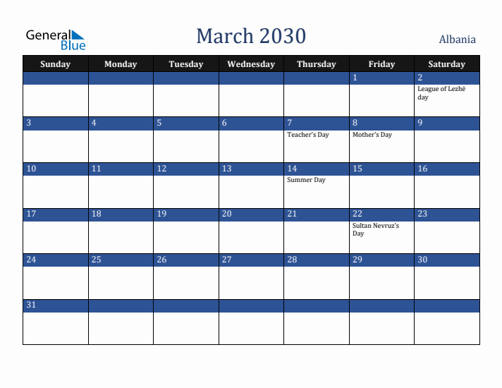 March 2030 Albania Calendar (Sunday Start)