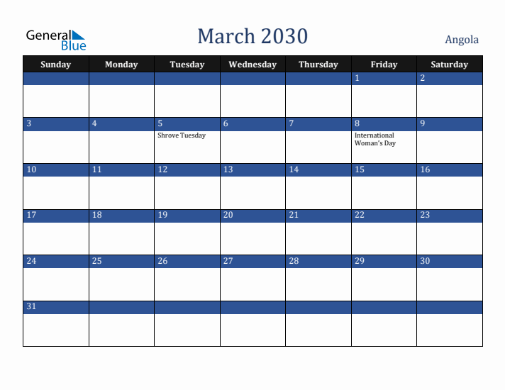 March 2030 Angola Calendar (Sunday Start)