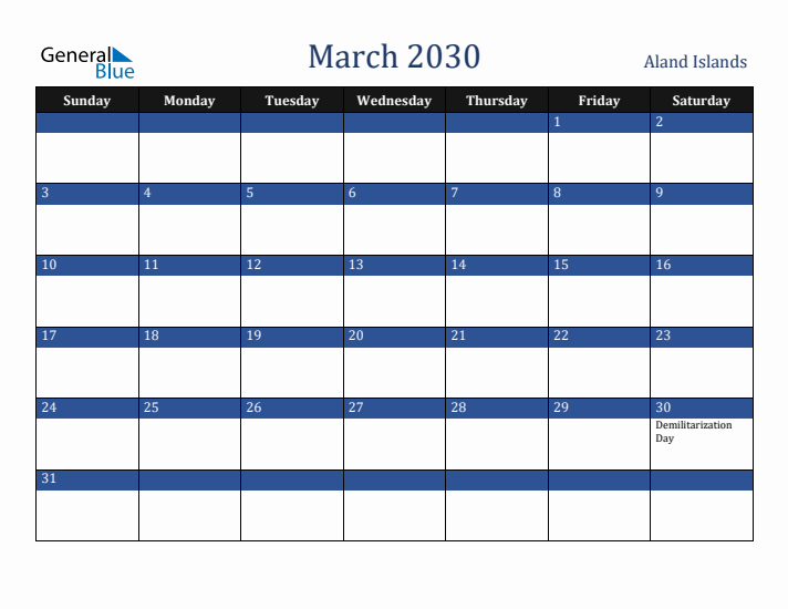 March 2030 Aland Islands Calendar (Sunday Start)