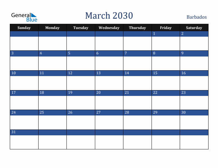March 2030 Barbados Calendar (Sunday Start)
