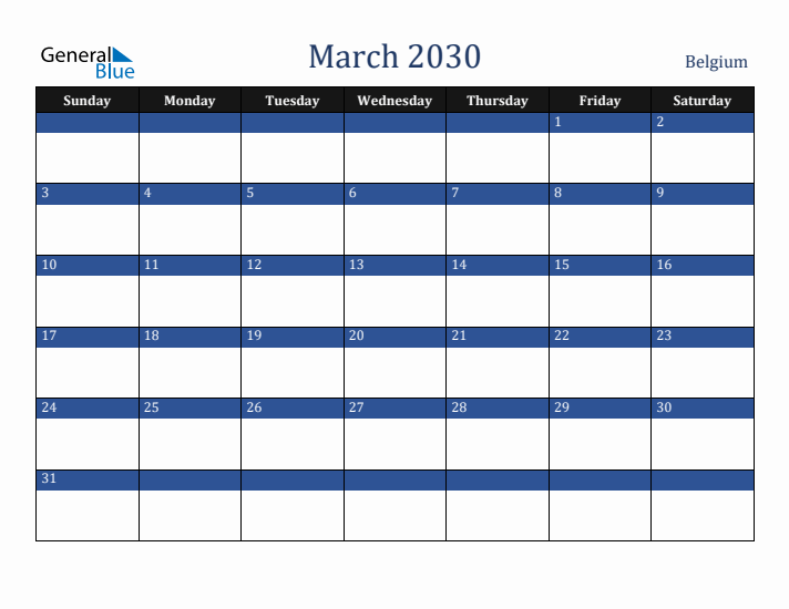 March 2030 Belgium Calendar (Sunday Start)
