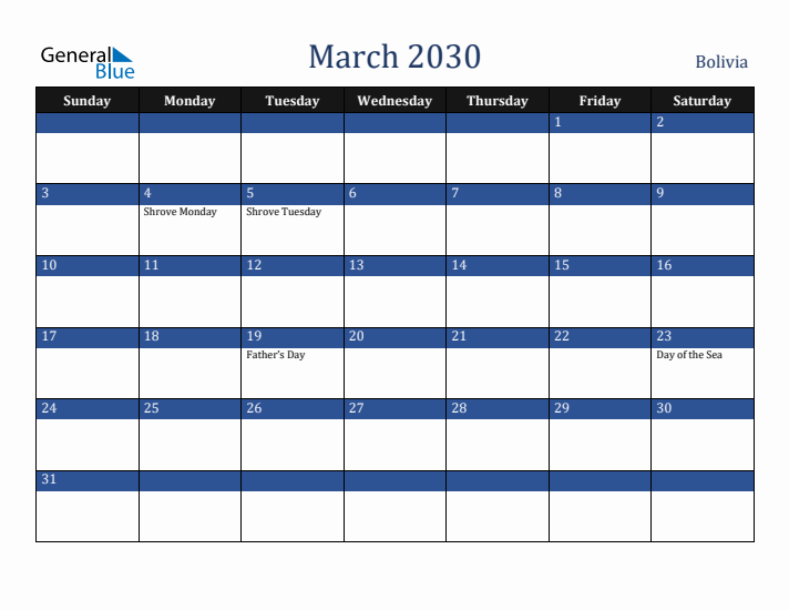 March 2030 Bolivia Calendar (Sunday Start)