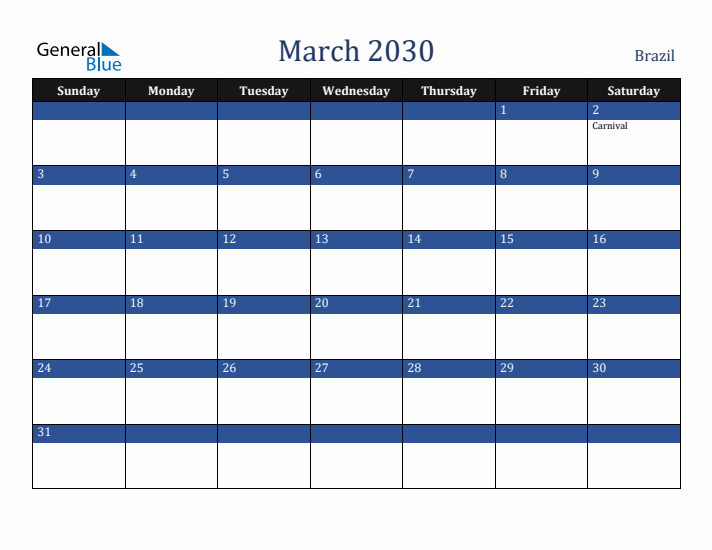 March 2030 Brazil Calendar (Sunday Start)